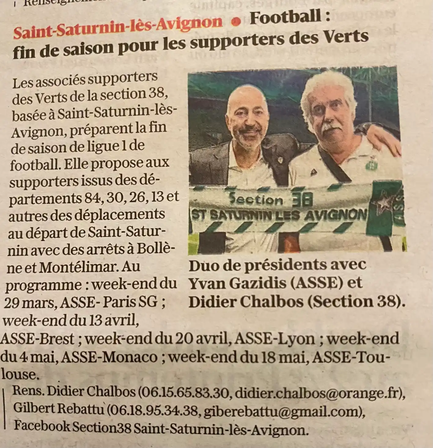 Section 38 - Saint saturnin les avignon - Programme des déplacements